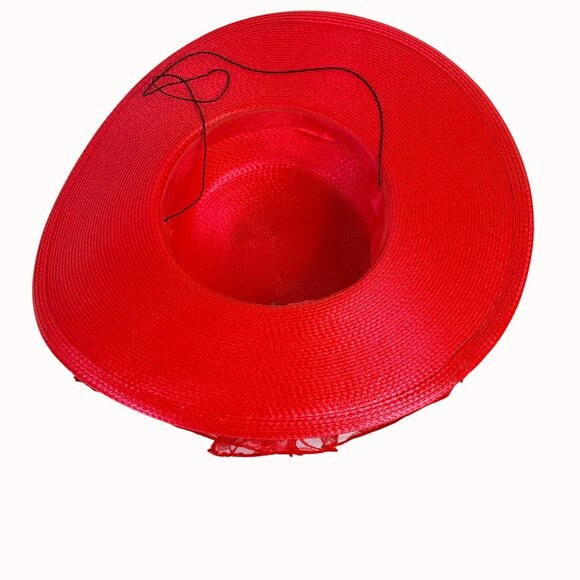 Vintage Wide Brimmed Derby Hat Red Flat Top Lace Bow Dramatic Silhouette - Picture 5 of 14